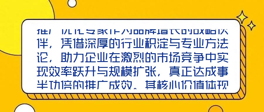 推廣優化專家作為品牌增長的戰略伙伴，憑借深厚的行業積淀與專業方法論，助力企業在激烈的市場競爭中實現效率躍升與規模擴張，真正達成事半功倍的推廣成效。其核心價值體現